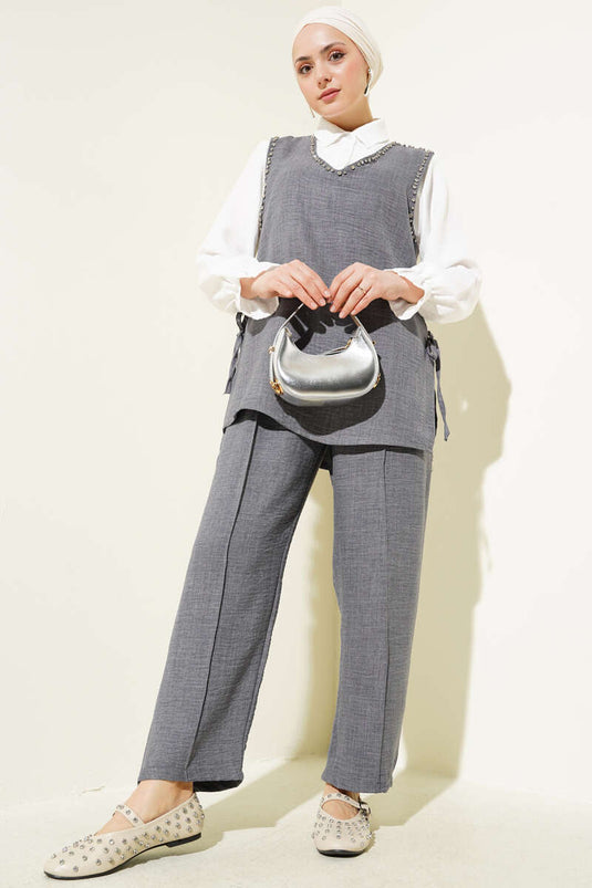 Taş Süslemeli Yan Bağlamalı Üçlü Takım Füme