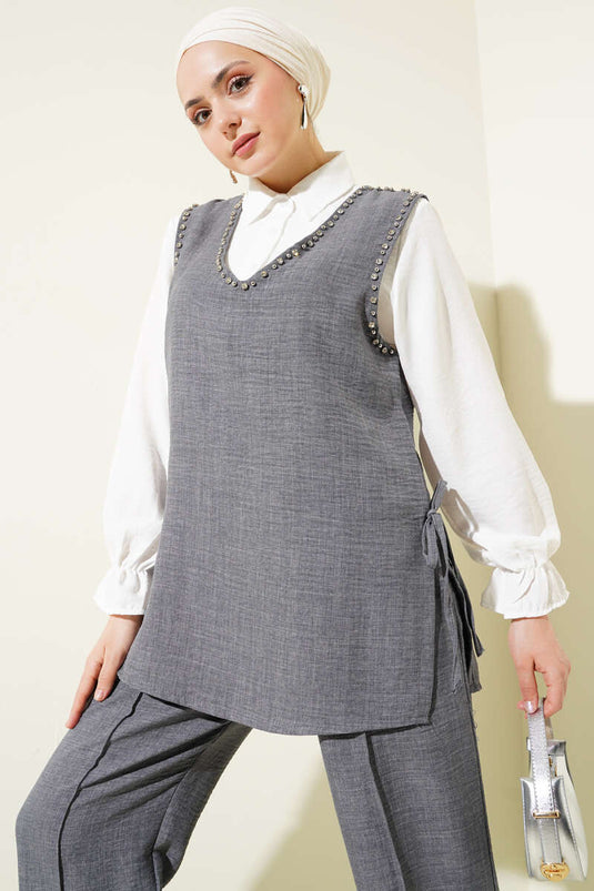 Taş Süslemeli Yan Bağlamalı Üçlü Takım Füme