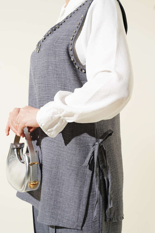 Taş Süslemeli Yan Bağlamalı Üçlü Takım Füme