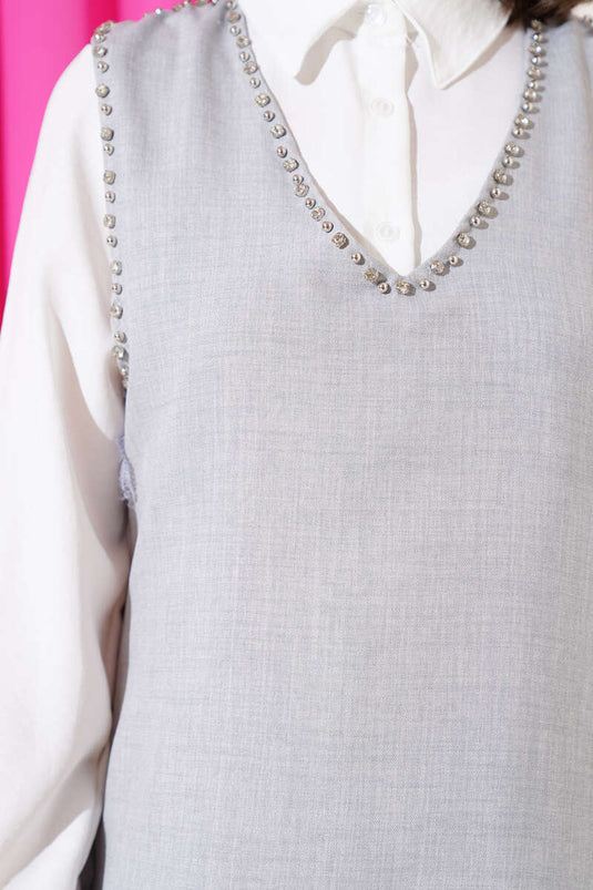 Stone Embellished Side Tie Three Piece Suit Gray