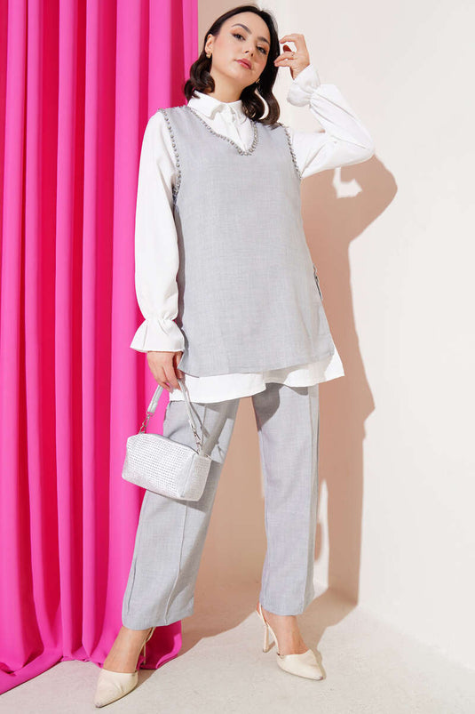 Stone Embellished Side Tie Three Piece Suit Gray