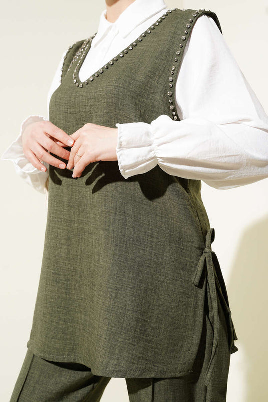 Taş Süslemeli Yan Bağlamalı Üçlü Takım Haki