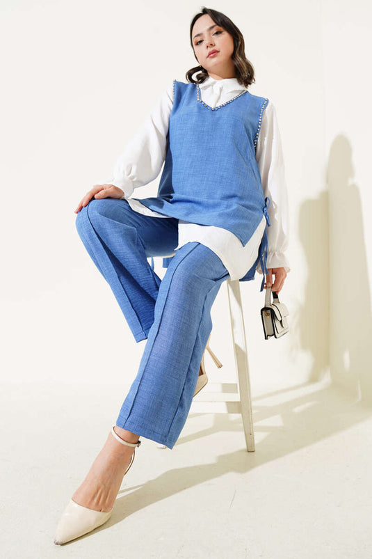 Ensemble trois pièces à nouer sur le côté et orné de pierres Indigo