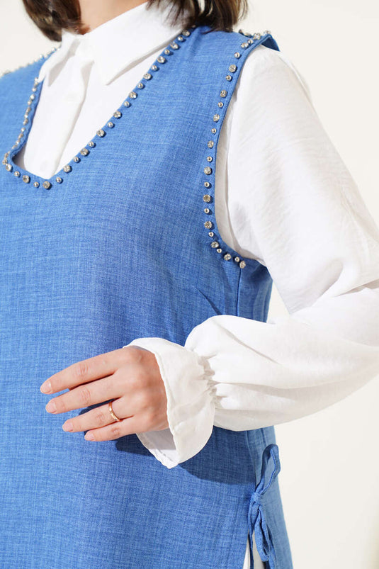 Ensemble trois pièces à nouer sur le côté et orné de pierres Indigo