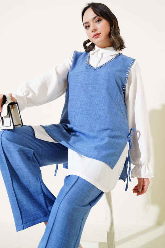 Ensemble trois pièces à nouer sur le côté et orné de pierres Indigo