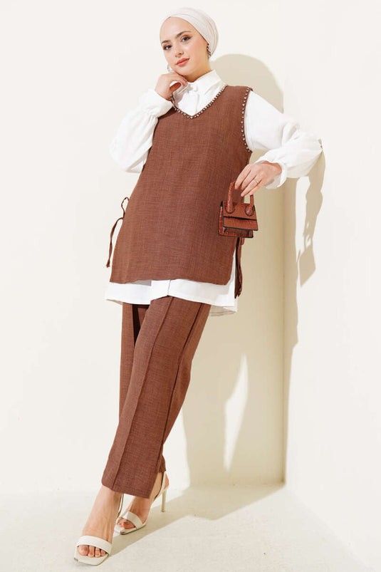 Stone Embellished Side Tie Three Piece Set Brown