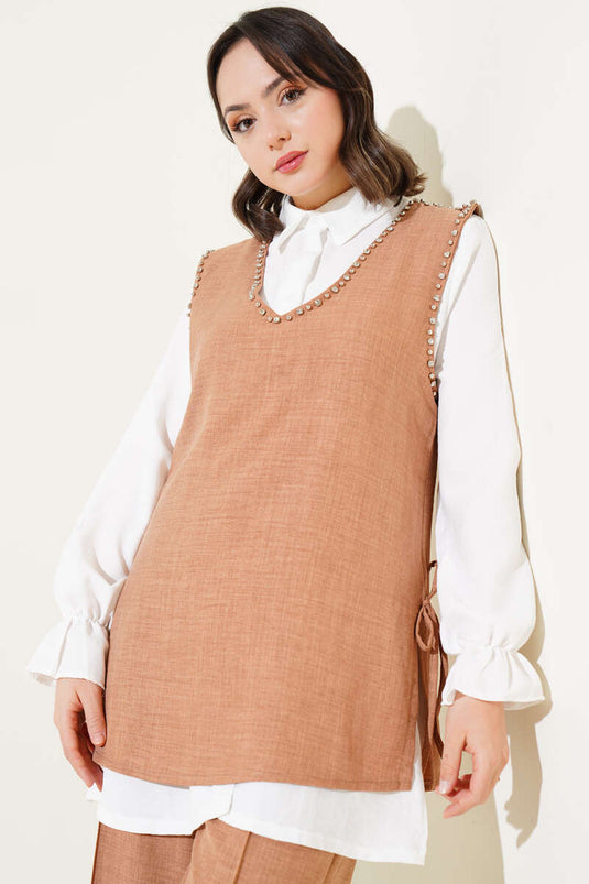 Ensemble trois pièces à nouer sur le côté et orné de pierres Latte