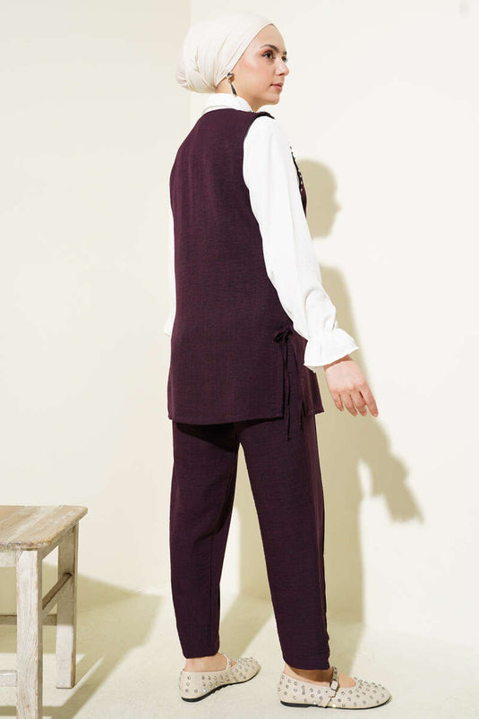 طقم ربطة جانبية مزينة بالأحجار مكون من ثلاث قطع - لون أرجواني