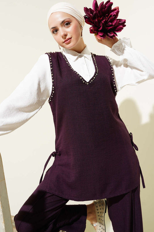 طقم ربطة جانبية مزينة بالأحجار مكون من ثلاث قطع - لون أرجواني