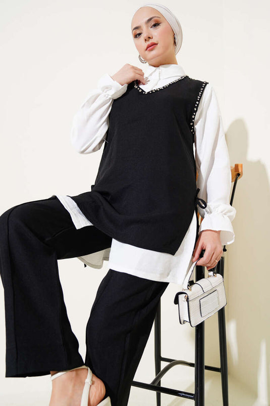 Stone Embellished Side Tie Three Piece Set Black