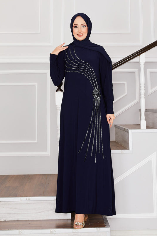 Sandy Hijab Dress with Stone Details Navy Blue