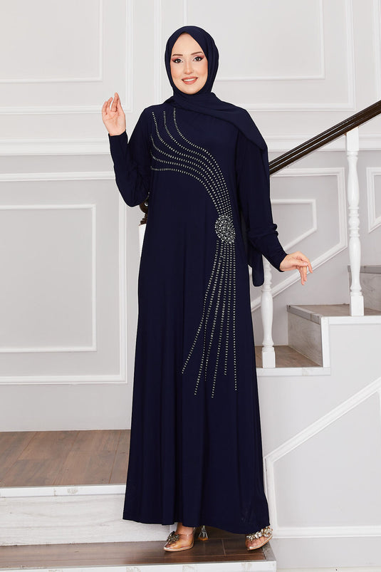 Sandy Hijab Dress with Stone Details Navy Blue