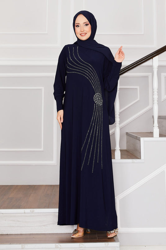 Sandy Hijab Dress with Stone Details Navy Blue