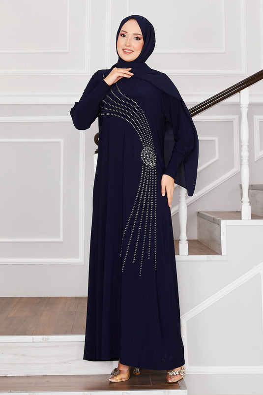 Sandy Hijab Dress with Stone Details Navy Blue