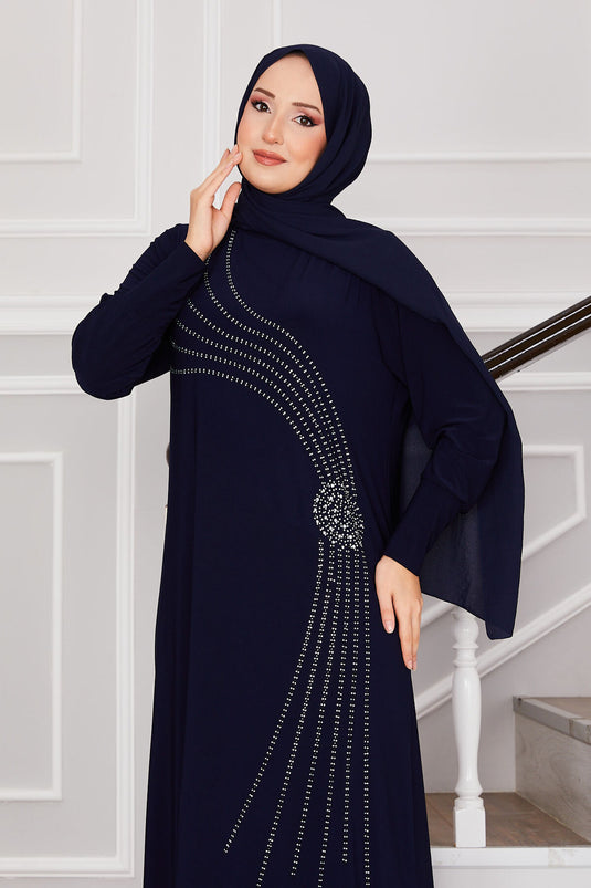 Sandy Hijab Dress with Stone Details Navy Blue