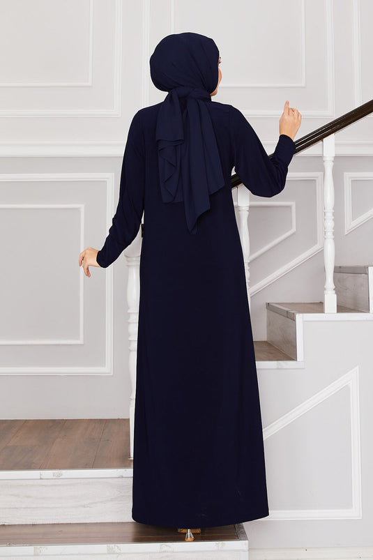 Sandy Hijab Dress with Stone Details Navy Blue