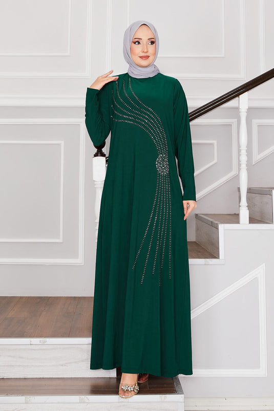 Sandy Hijab Dress with Stone Details Emerald
