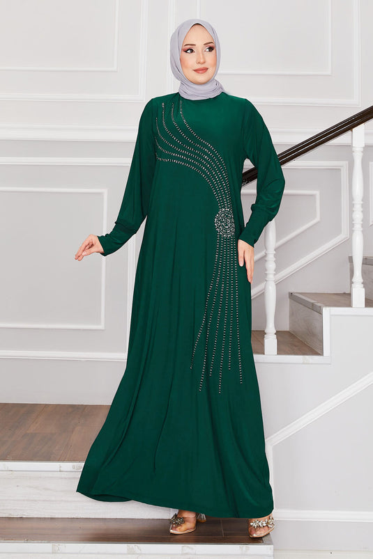 Sandy Hijab Dress with Stone Details Emerald