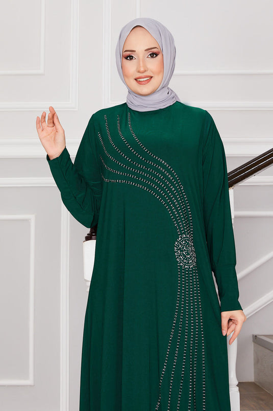 Sandy Hijab Dress with Stone Details Emerald