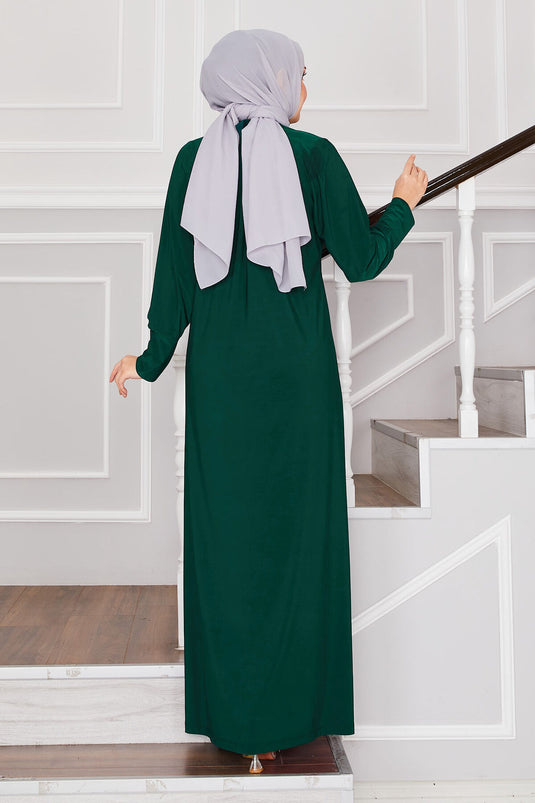 Sandy Hijab Dress with Stone Details Emerald