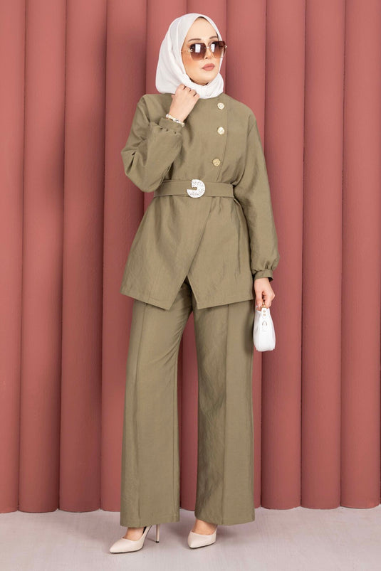 Design Gold Buttoned Belted Two-Piece Set Khaki