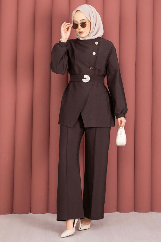 Design Gold Buttoned Belted Two-Piece Set Brown