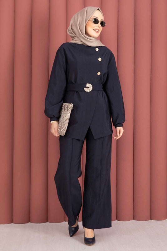 Design Gold Button Belted Two-Piece Set Navy Blue