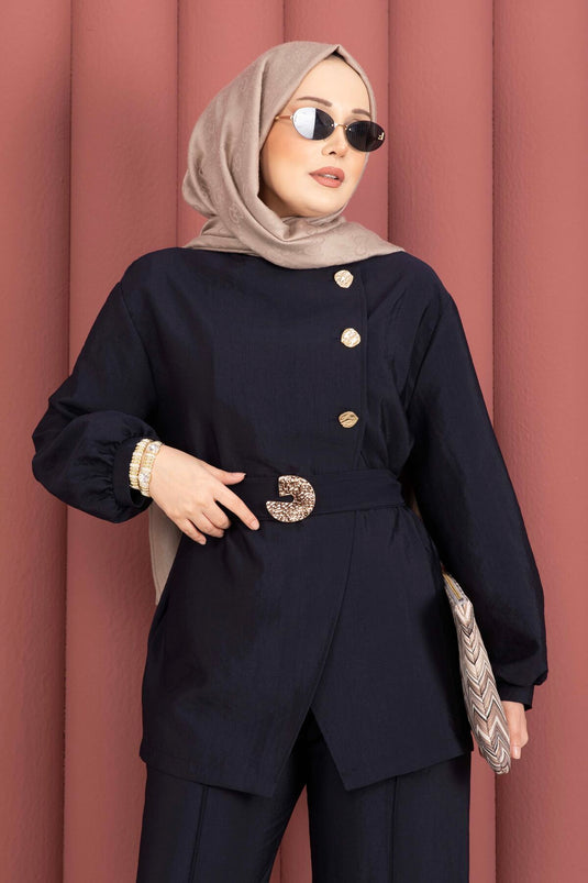 Design Gold Button Belted Two-Piece Set Navy Blue