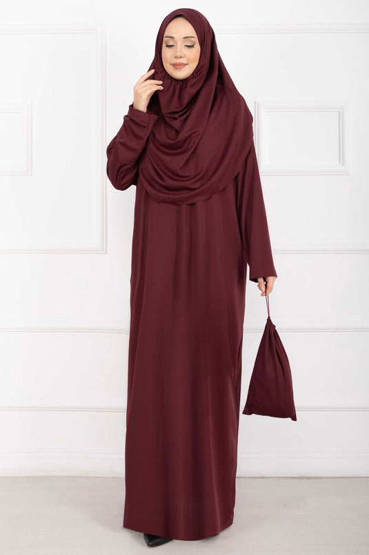 Taşıma Çantalı Tesettür Namaz Elbisesi Bordo
