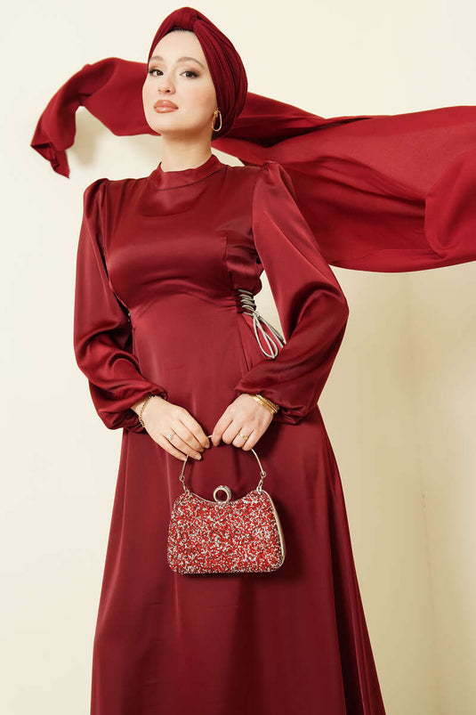 فستان سهرة ساتان برباط وحجر باللون العنابي