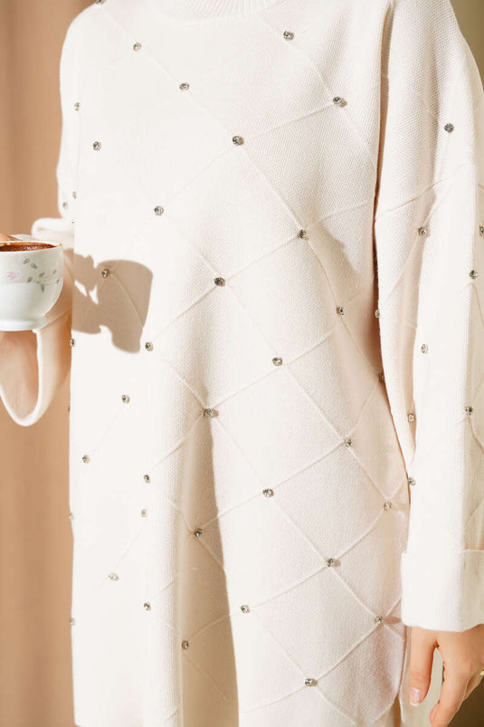 Stoned Diamond Pattern Knitwear Two-Piece Set Beige