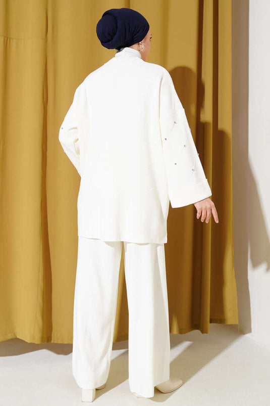 Conjunto de dos piezas de punto con estampado de diamantes y piedras, color crudo