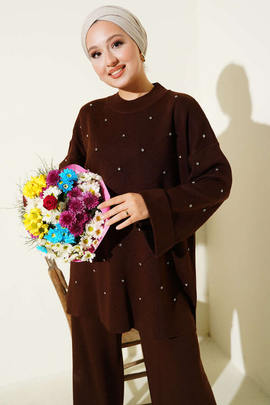 Conjunto de dos piezas de punto con estampado de diamantes y piedras, color marrón