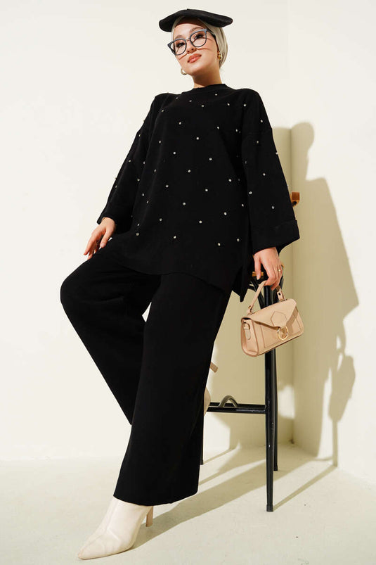 Stoned Diamond Pattern Knitwear Two Piece Set Black