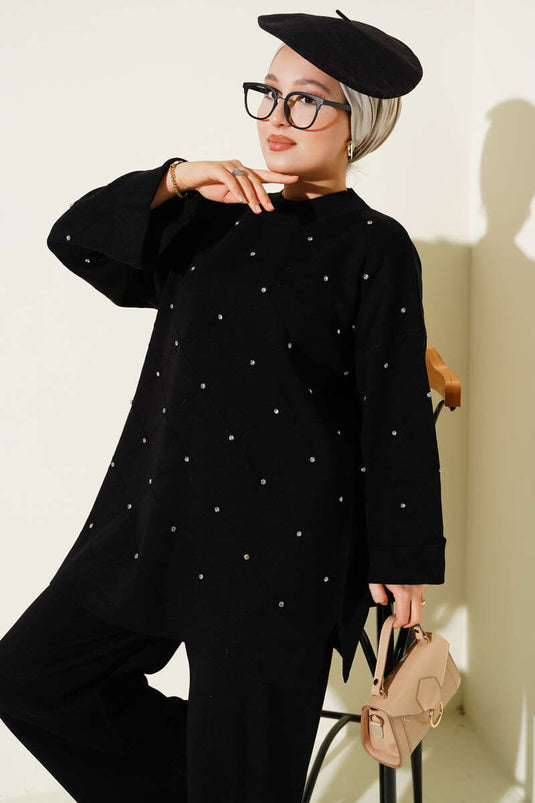 Conjunto de dos piezas de punto con estampado de diamantes y piedras, color negro