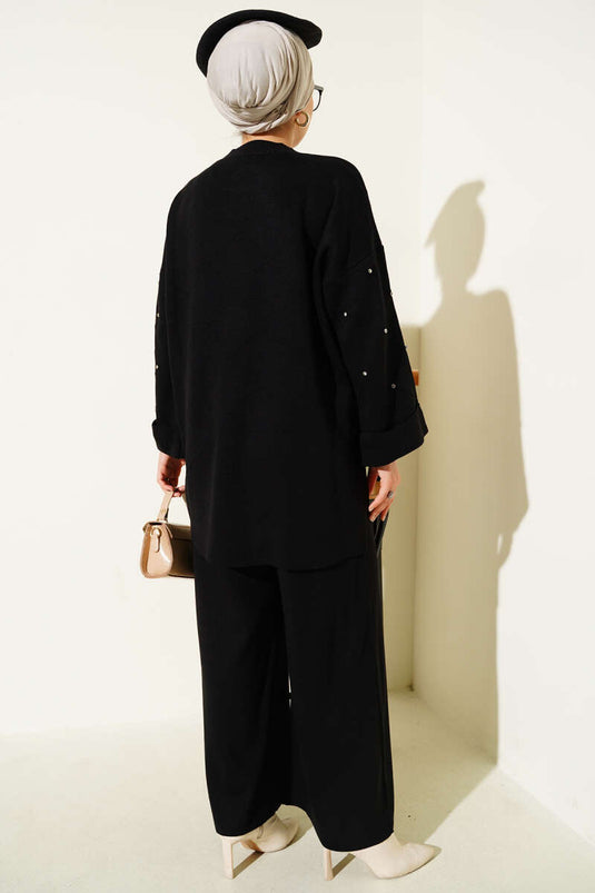 Conjunto de dos piezas de punto con estampado de diamantes y piedras, color negro