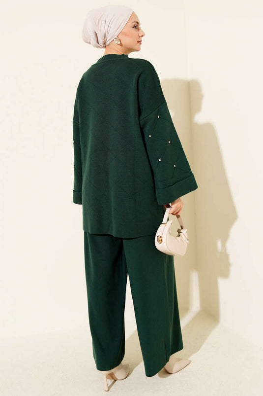 Stone Embellished Baklava Pattern Knitted Two-Piece Set, Emerald Green