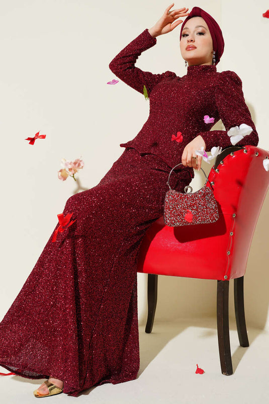 Taşlı Balık Model Abiye İkili Takım Bordo