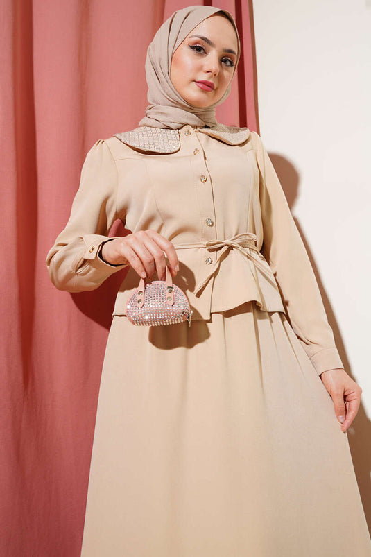 Taşlı Bebe Yaka Etekli İkili Takım Bej