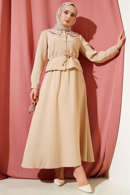 Two-Piece Set with Stone-Embellished Baby Collar and Skirt Beige