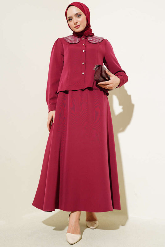 Taşlı Bebe Yaka Etekli İkili Takım Bordo