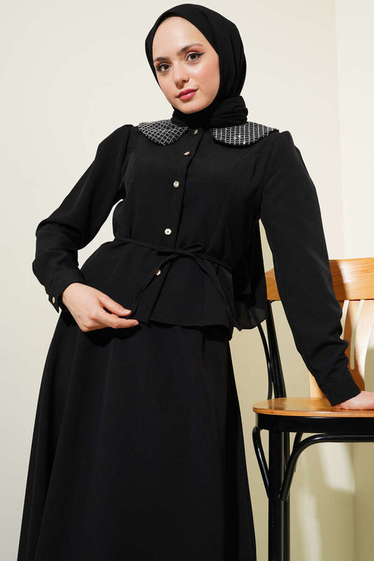 Stoned Peter Pan Collar Skirted Two Piece Suit Black