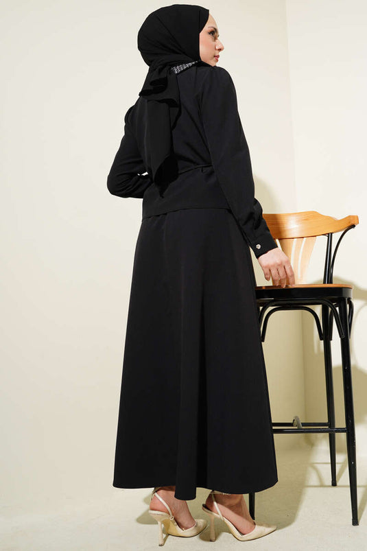 Stoned Peter Pan Collar Skirted Two Piece Suit Black