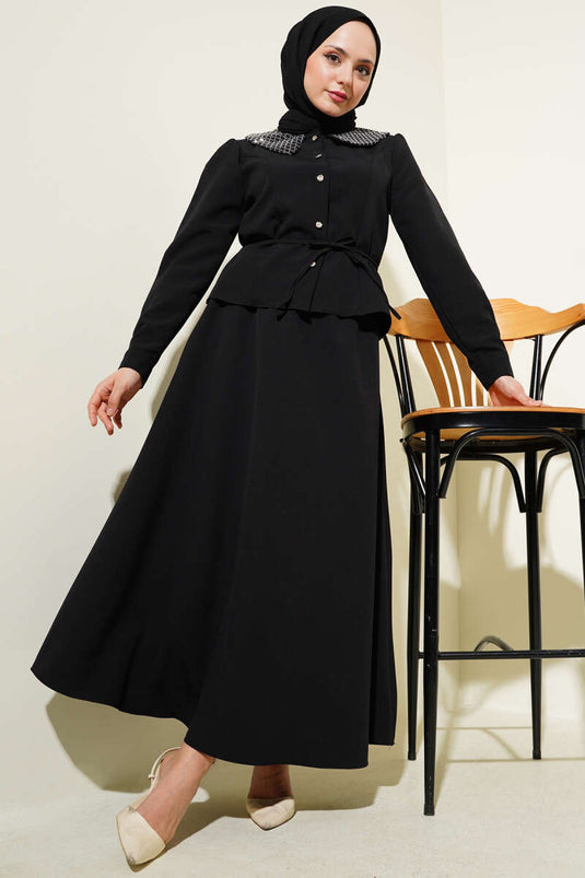 Set of Two with Stone-Embellished Baby Collar and Skirt, Black