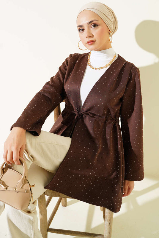 Taşlı Bel Tünelli Scuba Kimono Kahve