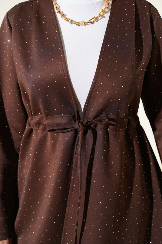 Taşlı Bel Tünelli Scuba Kimono Kahve