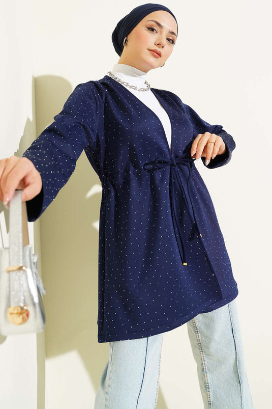 Taşlı Bel Tünelli Scuba Kimono Lacivert