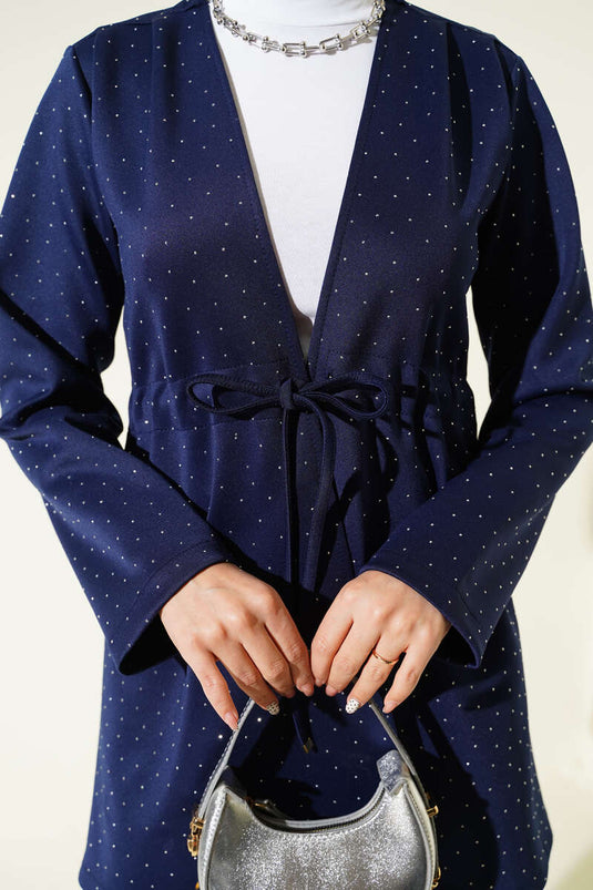 Taşlı Bel Tünelli Scuba Kimono Lacivert