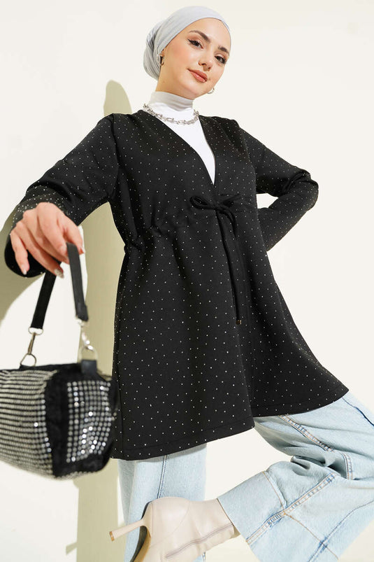 Taşlı Bel Tünelli Scuba Kimono Siyah
