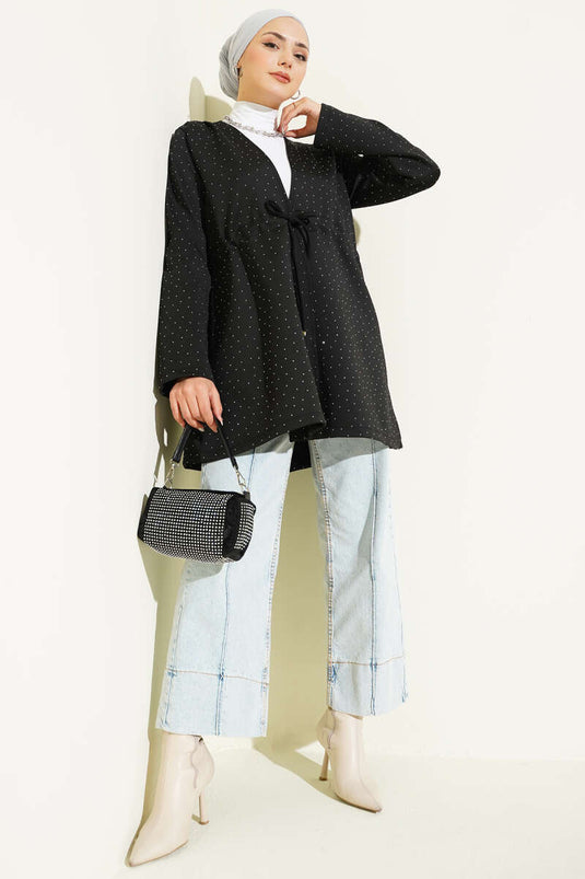 Taşlı Bel Tünelli Scuba Kimono Siyah